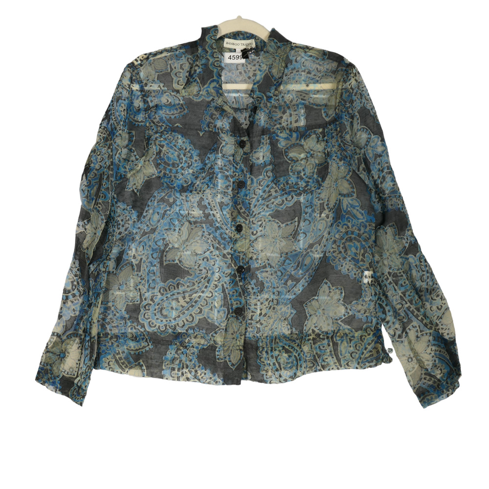 Bamboo Traders Blouse Womens Large Brown Floral Sheer Linen Blend Burnout Top
